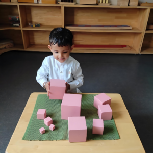 Child Engaged in Pink Tower Montessori Activity at The Nurtuary Preschool, Sector 20 Panchkula