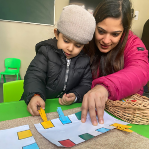 Parent and child participating in a Montessori activity at The Nurtuary Preschool, Sector 20 Panchkula